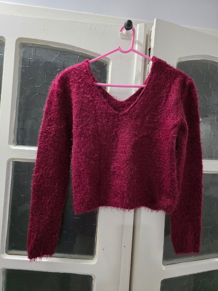 Bordo V Yaka Örgü Kadın Kazak - Görsel 2