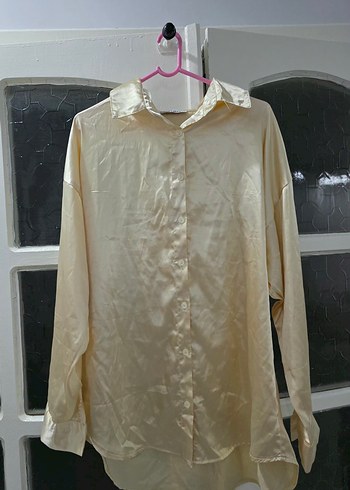 Bej Kadın saten Düğmeli Gömlek - Görsel 3