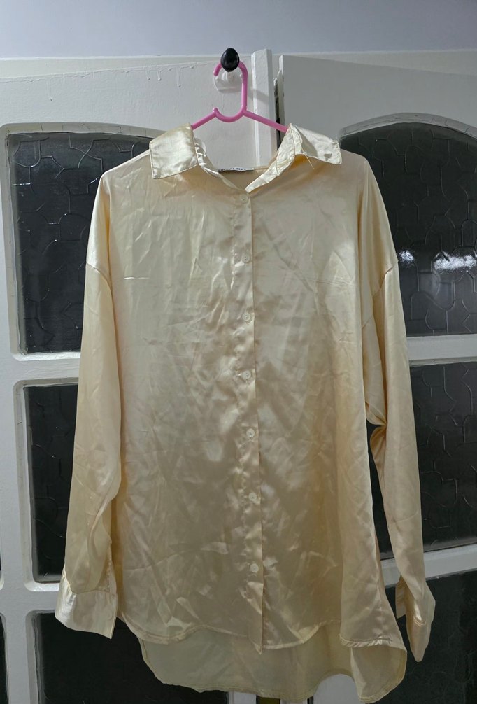 Bej Kadın saten Düğmeli Gömlek - Görsel 3