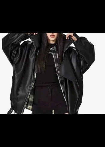 Siyah Kemerli Yüksek Yakalı Deri Ceket - Görsel 2