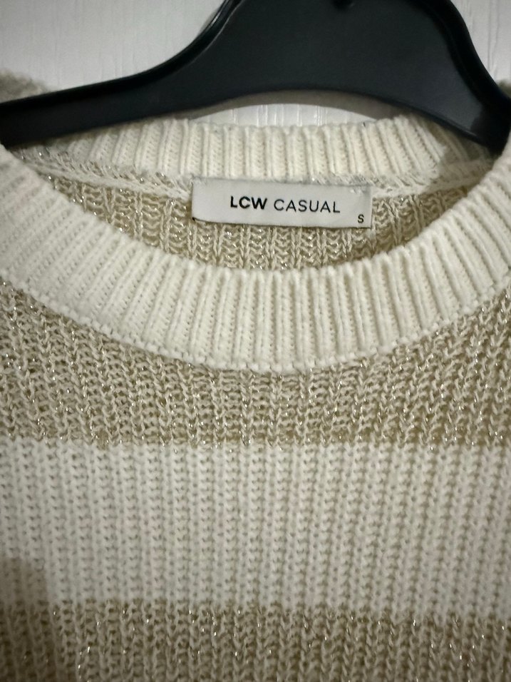 Bej Gri Çizgili Örgü Kadın Kazak - Görsel 2