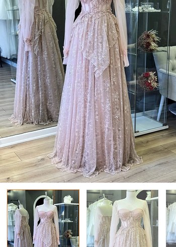 Pembe Nakışlı Vintage Uzun Kollu Elbise - Görsel 3