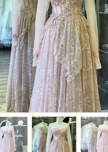 Pembe Nakışlı Vintage Uzun Kollu Elbise - Görsel 2