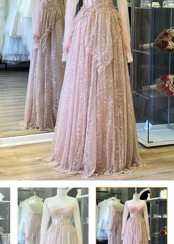 Pembe Nakışlı Vintage Uzun Kollu Elbise - Görsel 4