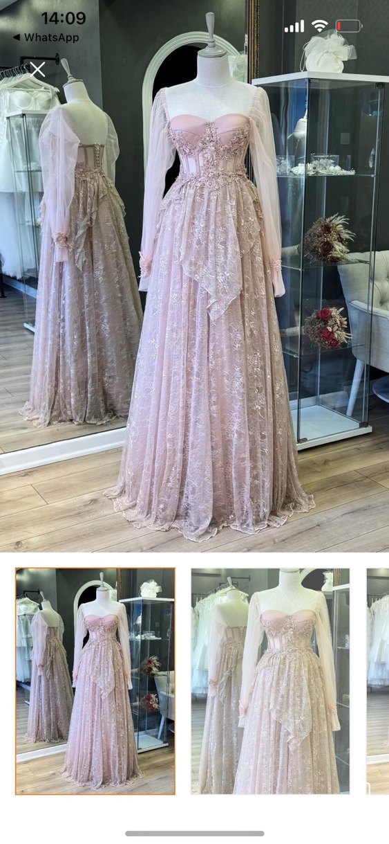 Pembe Nakışlı Vintage Uzun Kollu Elbise - Görsel 3