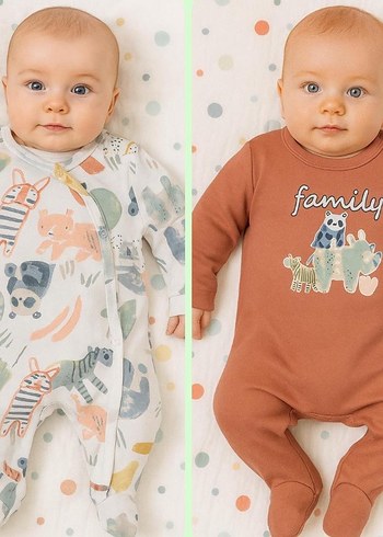 Pastel Baskılı Kahverengi Bebek İKİLİ Tulum Seti - Görsel 2