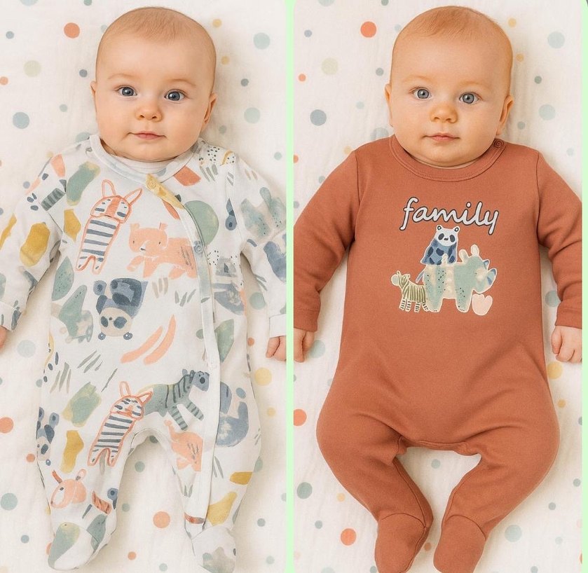 Pastel Baskılı Kahverengi Bebek İKİLİ Tulum Seti - Görsel 2