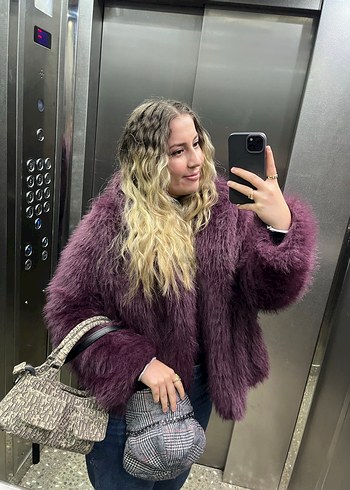 Mor Tüylü Midi Kadın Peluş Ceket - Görsel 2