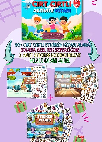 Cırt cırtlı etkinlik kitabı alana 3 sticker kitabı hediye 