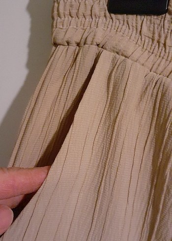 Diğer Bej Pilili Keten Kadın Pantolon beli lastikli rahat Pantolon