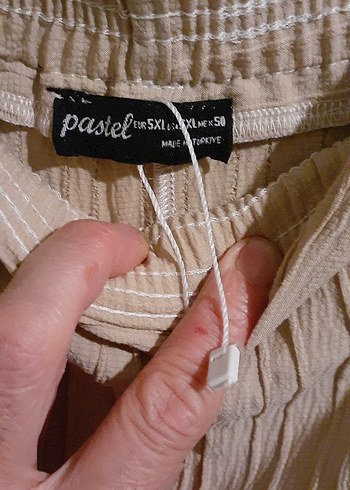 50 Beden Bej Pilili Keten Kadın Pantolon beli lastikli rahat Pantolon