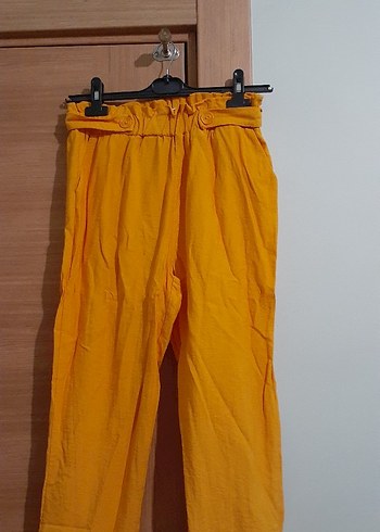 Beli Kuşaklı Sarı Kadın Keten Pantolon yeniden farksız