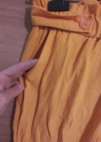 m Beden sarı Renk Beli Kuşaklı Sarı Kadın Keten Pantolon yeniden farksız