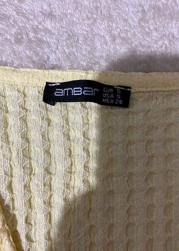 Sarı Örgü V Yaka Keten Bluz - Görsel 2