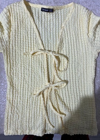 Sarı Örgü V Yaka Keten Bluz - Görsel 3