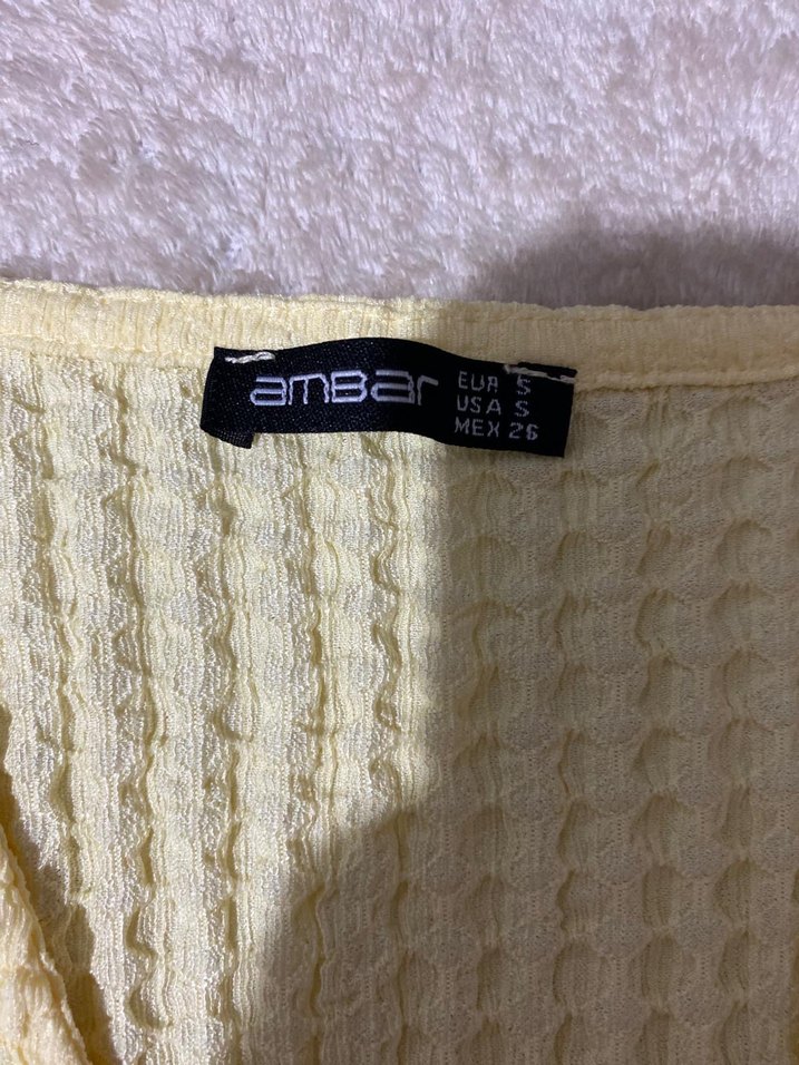 Sarı Örgü V Yaka Keten Bluz - Görsel 2