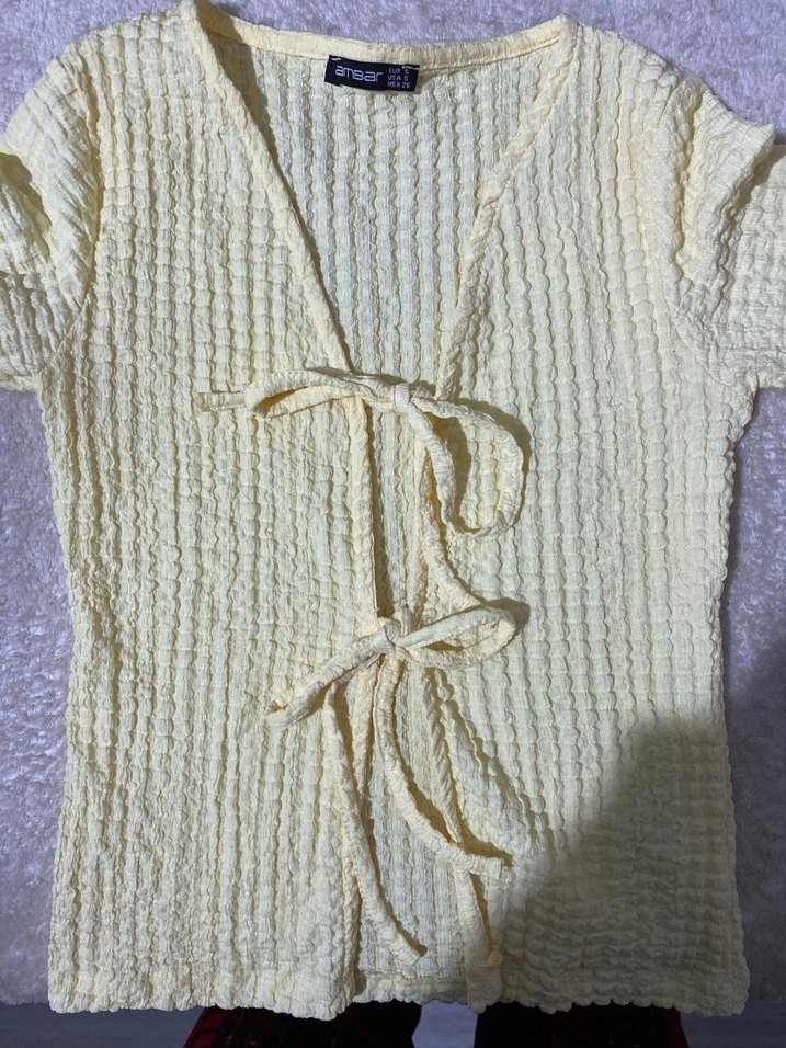 Sarı Örgü V Yaka Keten Bluz - Görsel 3