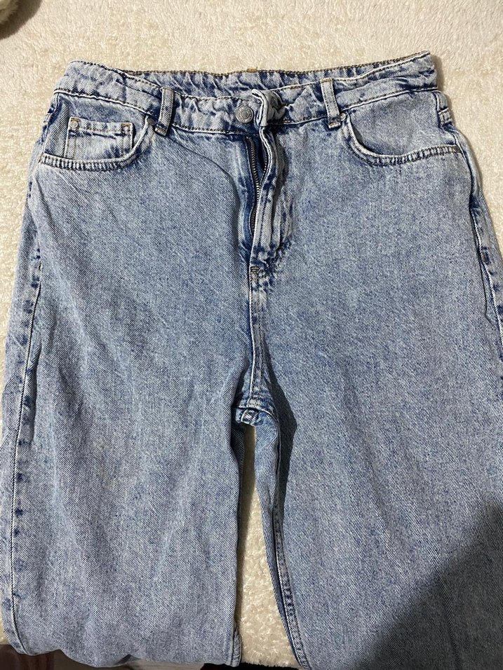 Düğmeli Gri Mavi Rahat Kesim Kadın Kot Pantolon - Görsel 2