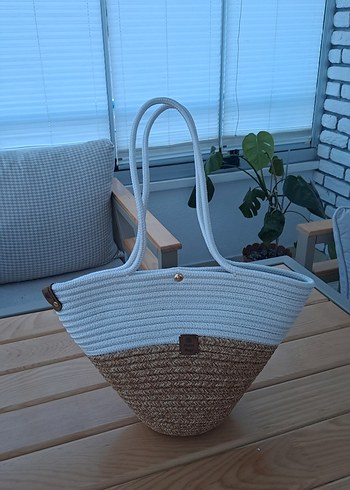  Beden Hasır Detaylı beyaz ve bambu renk Kadın Çantası