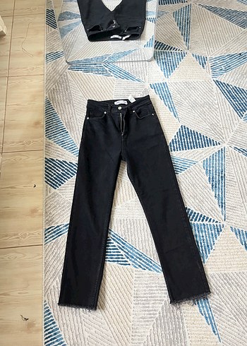 Zara Siyah Midi Boy Regular Fit Denim Pantolon