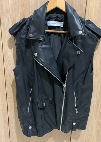 Siyah Deri Kolsuz Biker Ceket