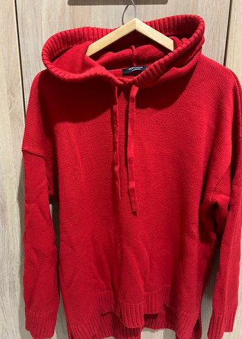 Kırmızı Örgü Kadın kapüşonlu Sweatshirt