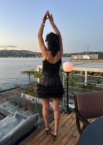 Diğer Siyah Püsküllü Straplez Mini Elbise