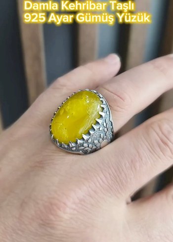Damla Kehribar Taşlı 925 Ayar Gümüş Erkek Yüzük - Görsel 4