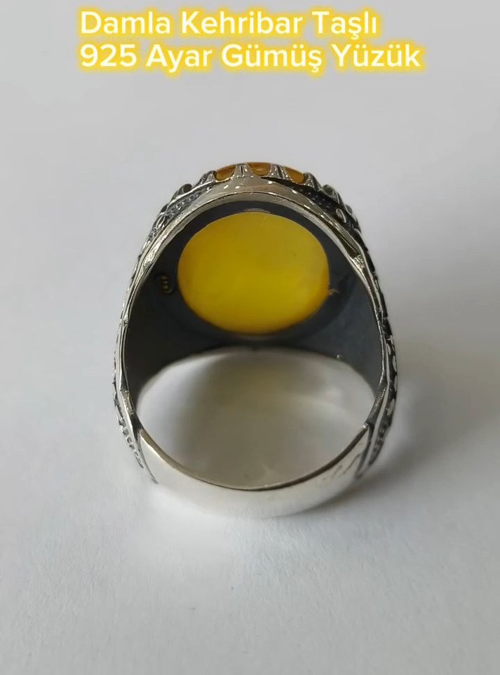 Damla Kehribar Taşlı 925 Ayar Gümüş Erkek Yüzük - Görsel 5