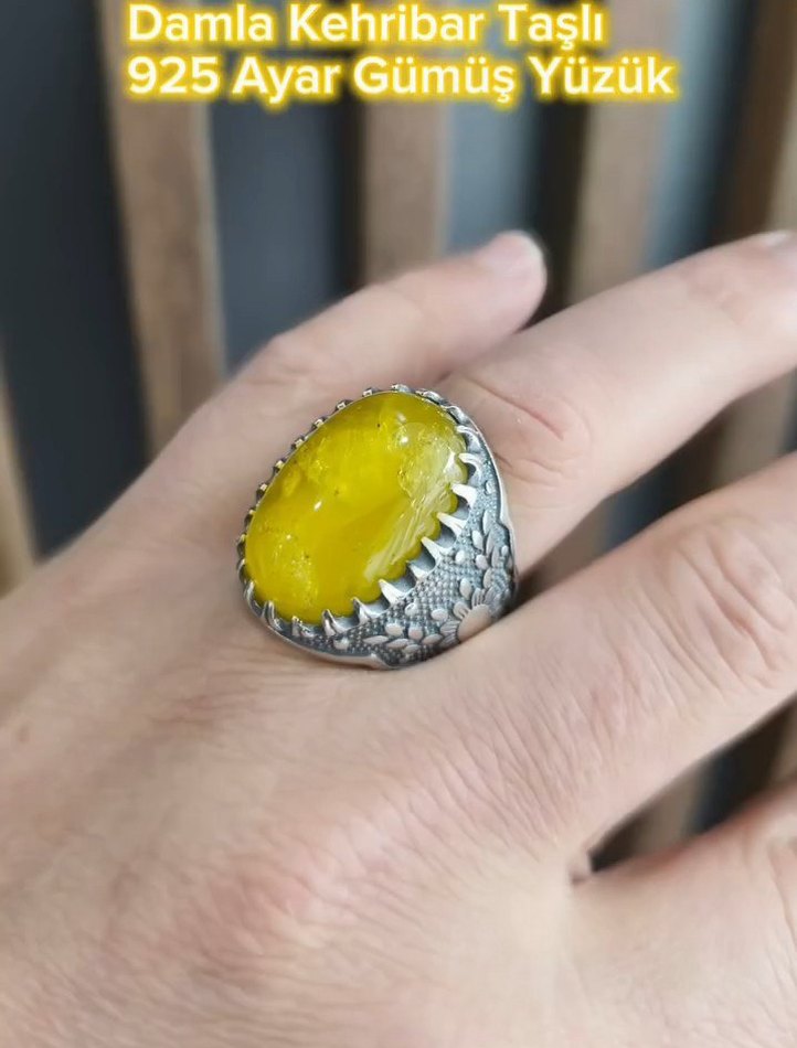 Damla Kehribar Taşlı 925 Ayar Gümüş Erkek Yüzük - Görsel 4