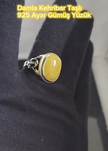 Damla Kehribar Taşlı 925 Ayar Gümüş Yüzük - Görsel 3