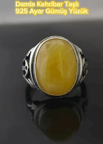 Damla Kehribar Taşlı 925 Ayar Gümüş Yüzük - Görsel 2