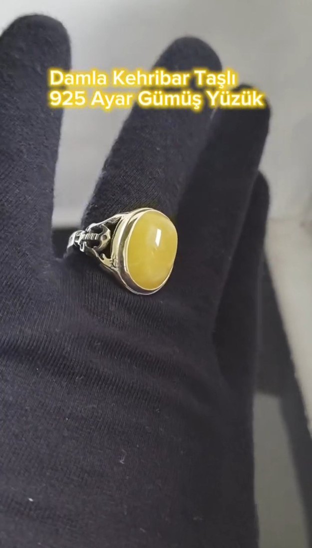 Damla Kehribar Taşlı 925 Ayar Gümüş Yüzük - Görsel 3