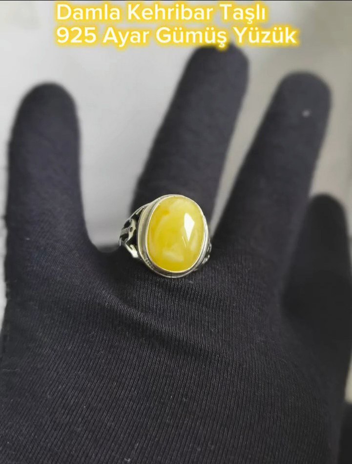 Damla Kehribar Taşlı 925 Ayar Gümüş Yüzük - Görsel 4