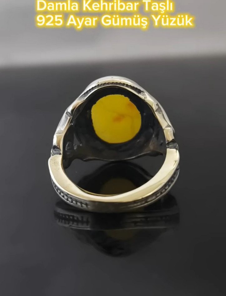 Damla Kehribar Taşlı 925 Ayar Gümüş Yüzük - Görsel 5