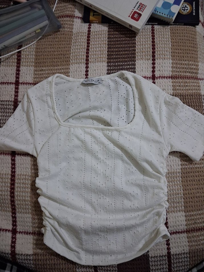 Beyaz Kısa Kollu Kadın Triko Bluz - Görsel 5