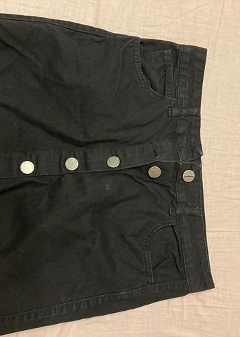 Düğmeli Siyah Denim Mini Etek