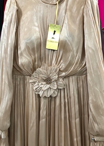 Yüksek Yakalı Gri Uzun Drapeli Abiye Elbise - Görsel 9