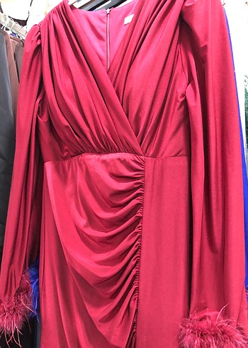 Kırmızı Uzun Kollu Drapeli Abiye Elbise - Görsel 2