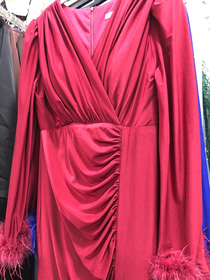 Kırmızı Uzun Kollu Drapeli Abiye Elbise - Görsel 2