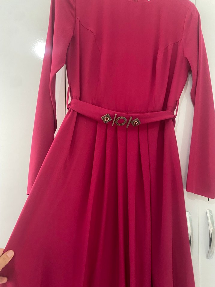 Uzun Kollu Kemerli Kadın Elbise - Görsel 5