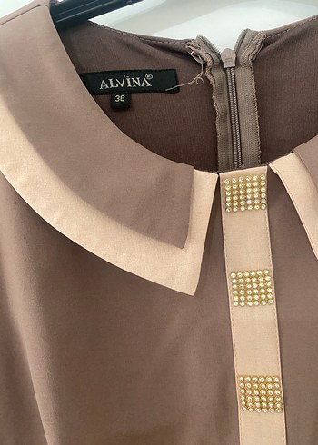 Bej Uzun Kollu Modern Klasik Elbise - Görsel 3