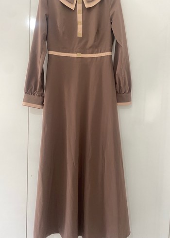 Bej Uzun Kollu Modern Klasik Elbise - Görsel 4