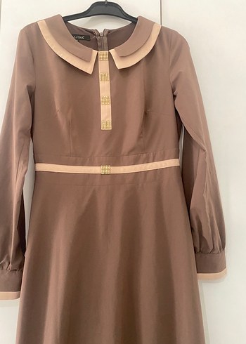 Bej Uzun Kollu Modern Klasik Elbise - Görsel 5