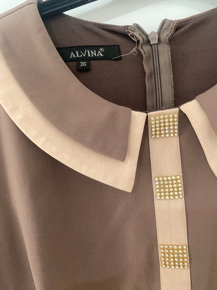 Bej Uzun Kollu Modern Klasik Elbise - Görsel 3