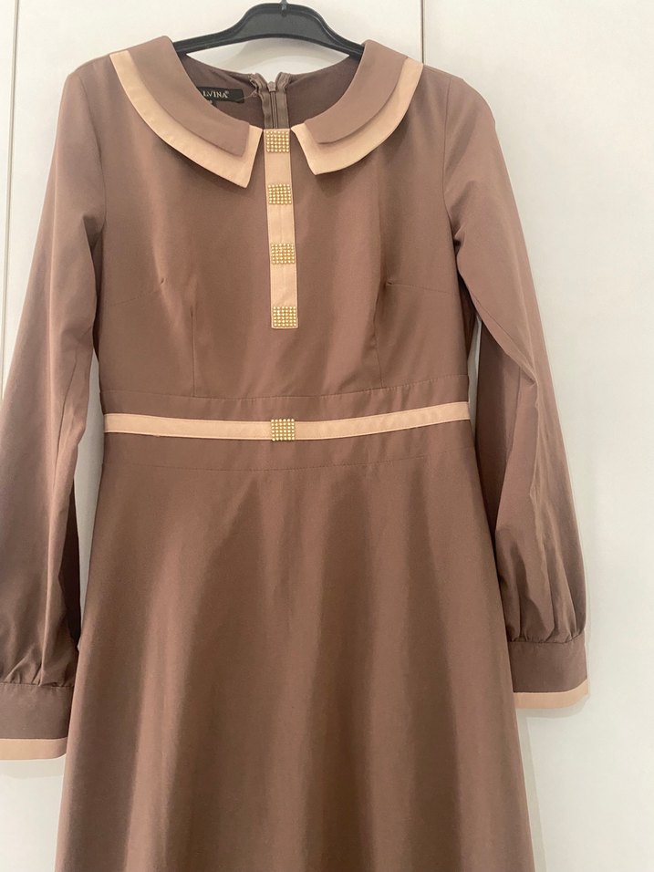 Bej Uzun Kollu Modern Klasik Elbise - Görsel 5