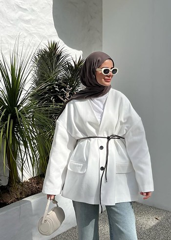 diğer Beden beyaz Renk Kadın Beyaz Kuşaklı Midi Bağcıklı Ceket