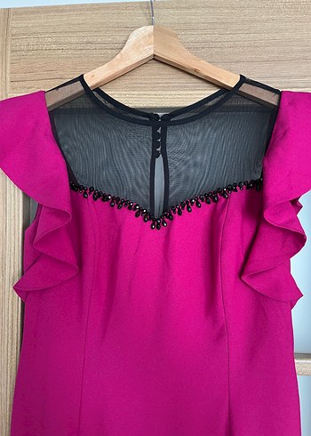 Abiye Pembe Uzun Kollu Fırfırlı Abiye Elbise
