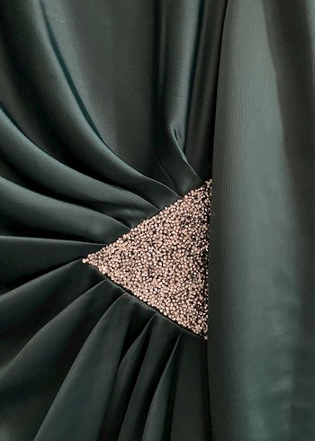 Zümrüt yeşili  Uzun Kollu V Yaka Abiye Elbise - Görsel 2