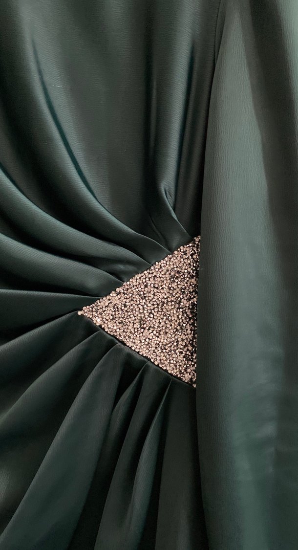 Zümrüt yeşili  Uzun Kollu V Yaka Abiye Elbise - Görsel 2